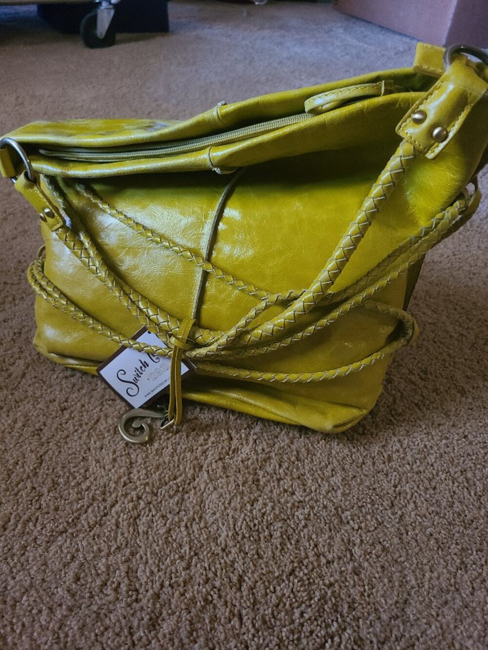 Switch It By Nan Chartreuse Lime Yellow Leather Convertible Hobo Shoulder Bag